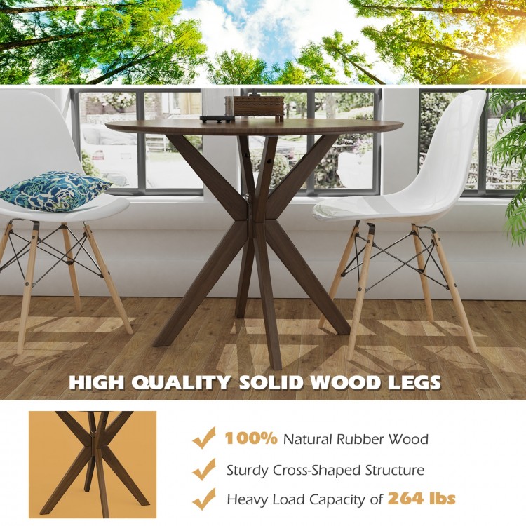 Round 36-inch wood dining table with solid rubber wood legs and intersecting pedestal base, ideal for home or café use.