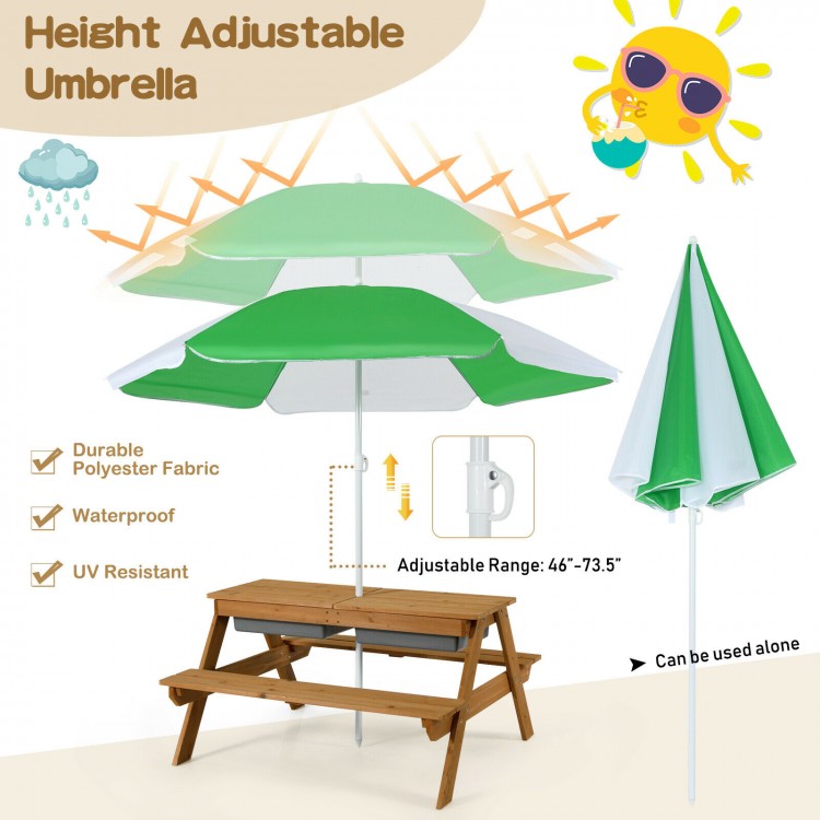 Height adjustable umbrella in green for kids' picnic table, waterproof and UV resistant, perfect for outdoor play.