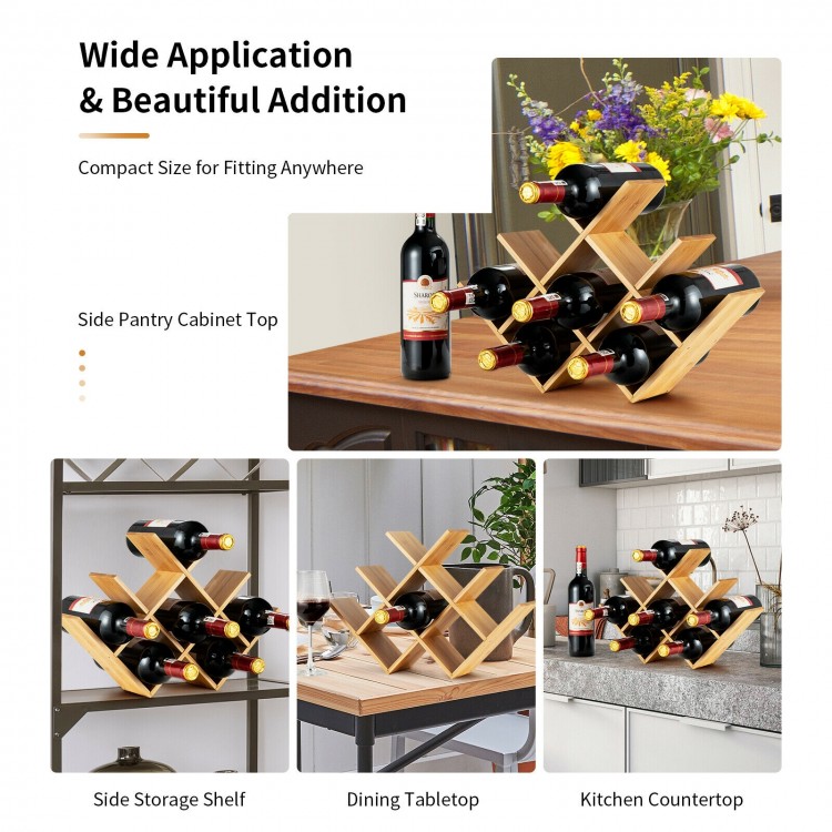 Freestanding bamboo wine rack holding 8 bottles, featuring a butterfly design, ideal for kitchen countertops or dining.