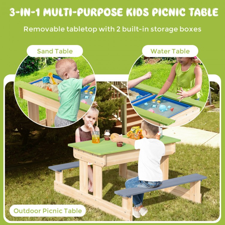 3-in-1 outdoor wooden kids picnic table with detachable sand and water play boxes, perfect for backyard fun.