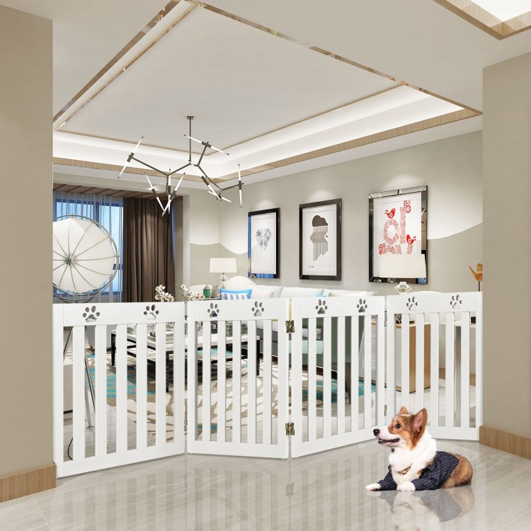 Freestanding 24-inch white wooden pet gate with 360° hinges, ideal for small dogs and easy to move and store.