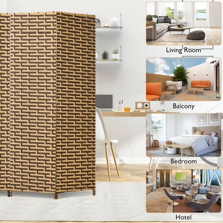 4-panel folding privacy partition room divider in yellow with hand-woven design, ideal for living room or bedroom use.
