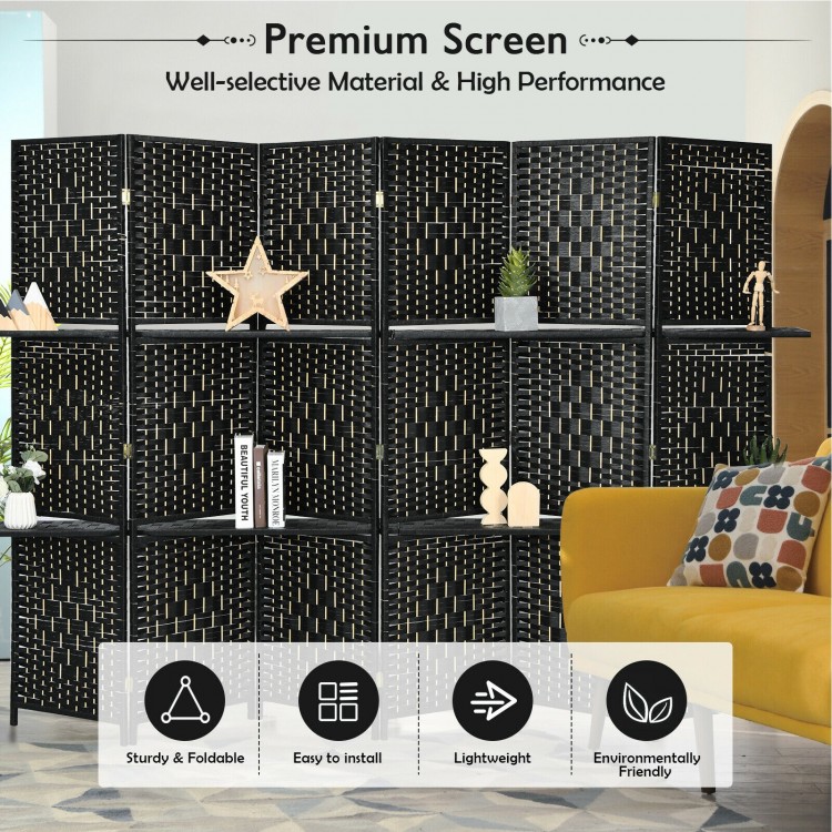 6-panel black room divider with hand-woven fiber and 2 display shelves, perfect for creating private spaces in any room.