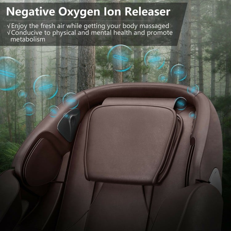 Electric zero gravity massage chair in brown featuring a negative oxygen ion release for enhanced relaxation and health.