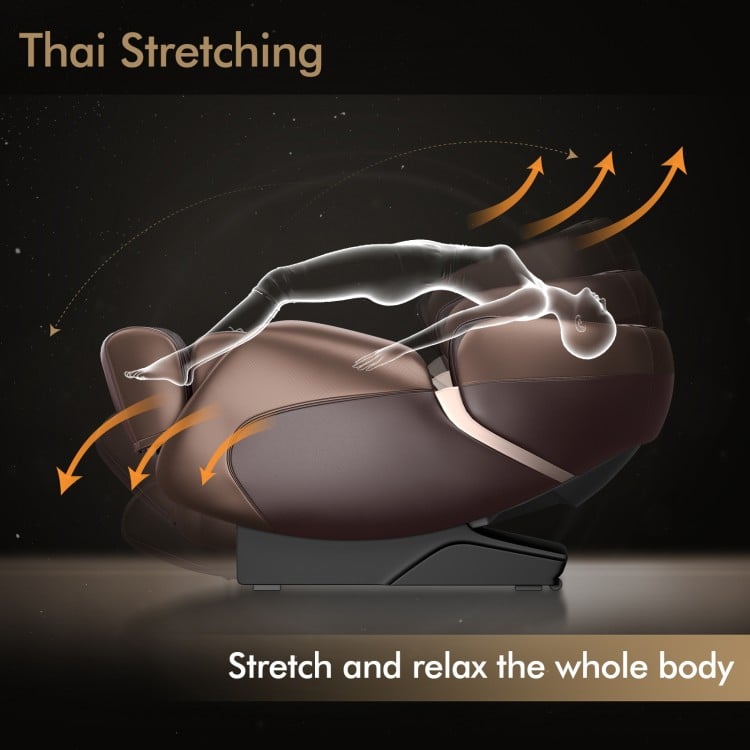 Zero gravity massage chair in brown demonstrating Thai stretching for full body relaxation and comfort.