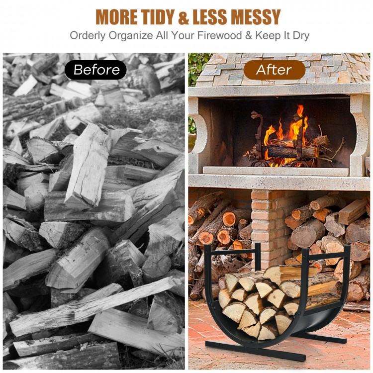 U-shaped 17-inch firewood rack in black steel, designed for storing and displaying firewood indoors or outdoors.