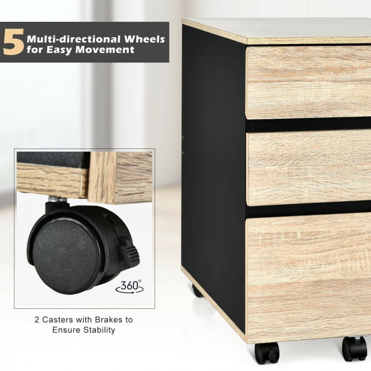 Mobile file cabinet with three drawers, durable engineered wood, and five 360° swivel wheels for easy movement.
