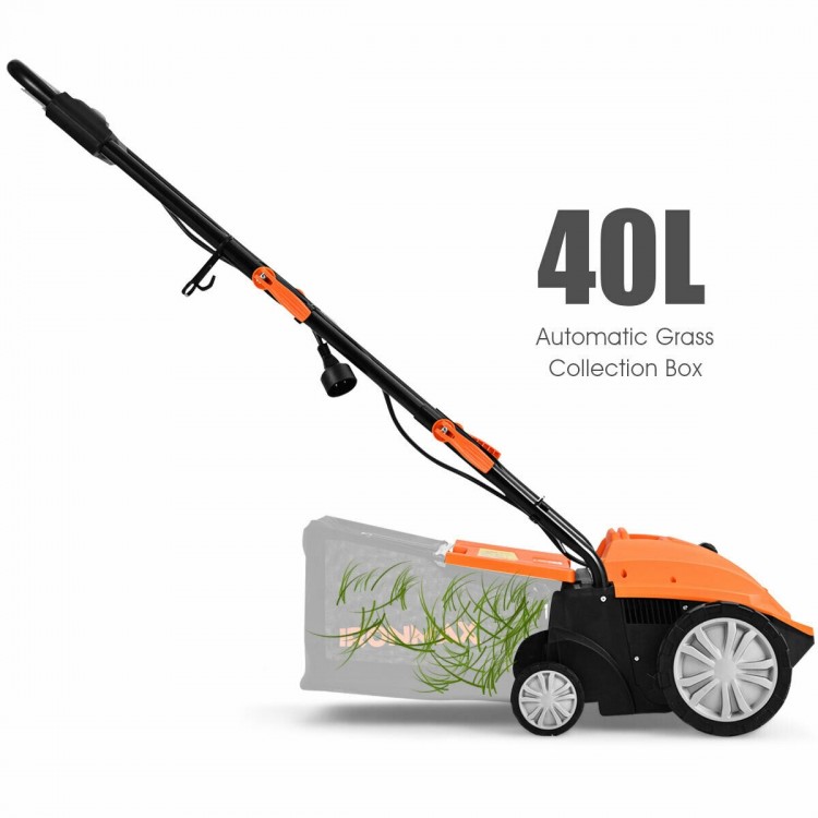13-inch electric scarifier in orange with a 40L collection box, featuring adjustable depth and dual safety switch for.