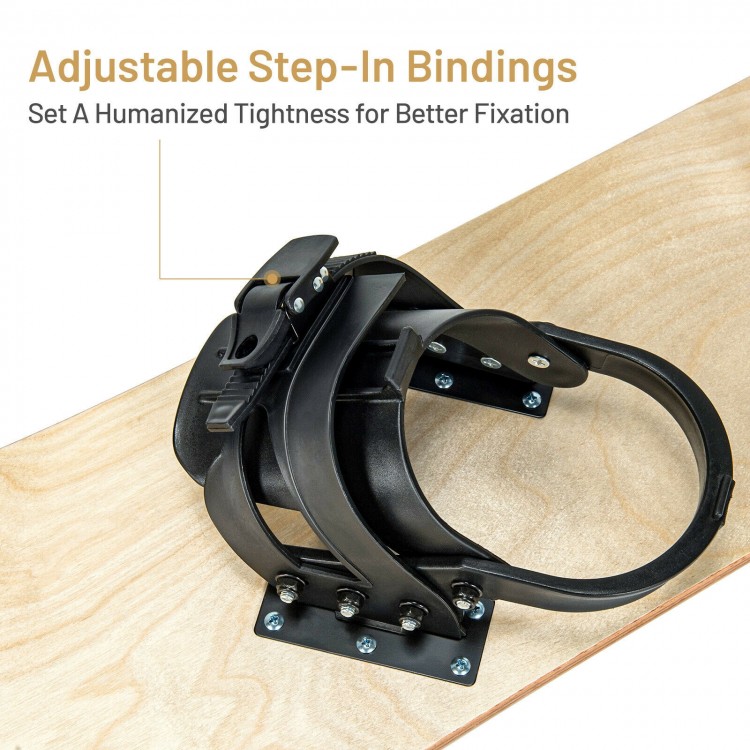 Adjustable step-in bindings on a sturdy snowboard for kids, ensuring safety and comfort while skiing outdoors.