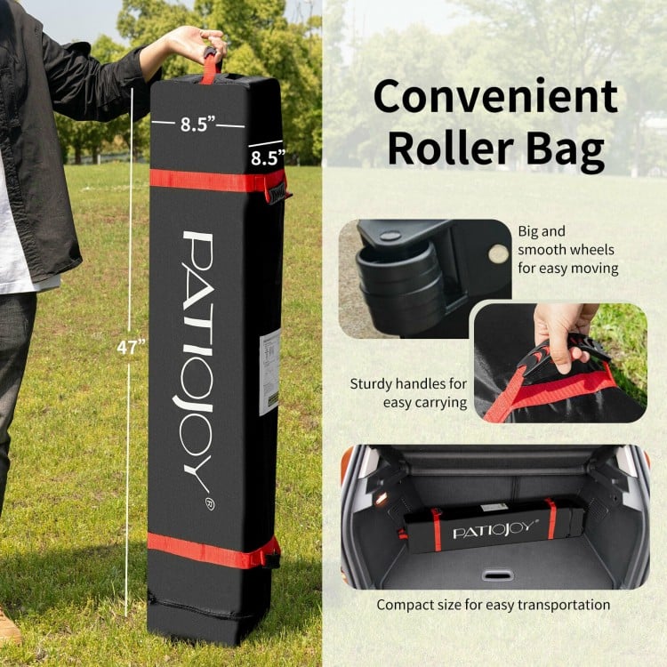 Portable roller bag for 6.6 x 6.6 FT pop-up canopy tent, featuring sturdy handles and smooth wheels for easy transport.