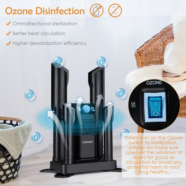 Electric shoe dryer in black with ozone disinfection, designed for efficient drying and odor removal for shoes and.