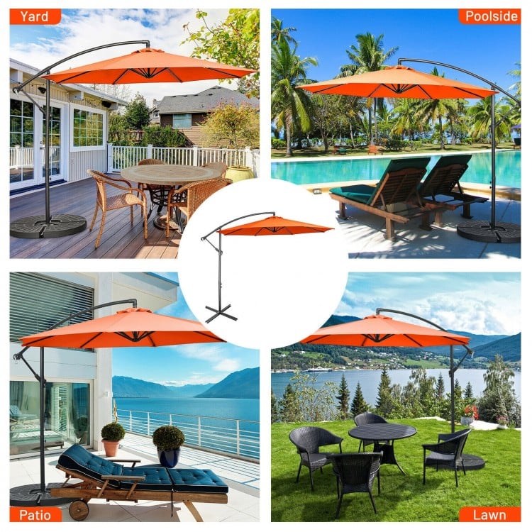 10FT orange offset umbrella with 8 ribs and cross base, ideal for patio, poolside, or yard shade.