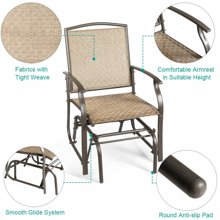 Single glider chair with steel frame, breathable fabric, and comfortable armrests, perfect for outdoor relaxation.