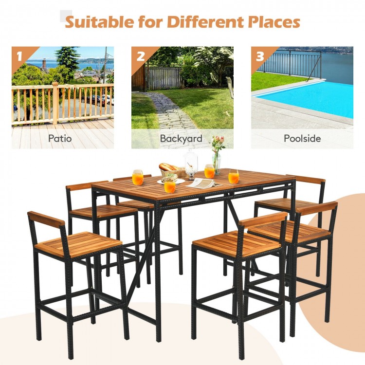 7-piece acacia wood patio rattan bar set with umbrella hole, ideal for outdoor dining in backyard or poolside settings.