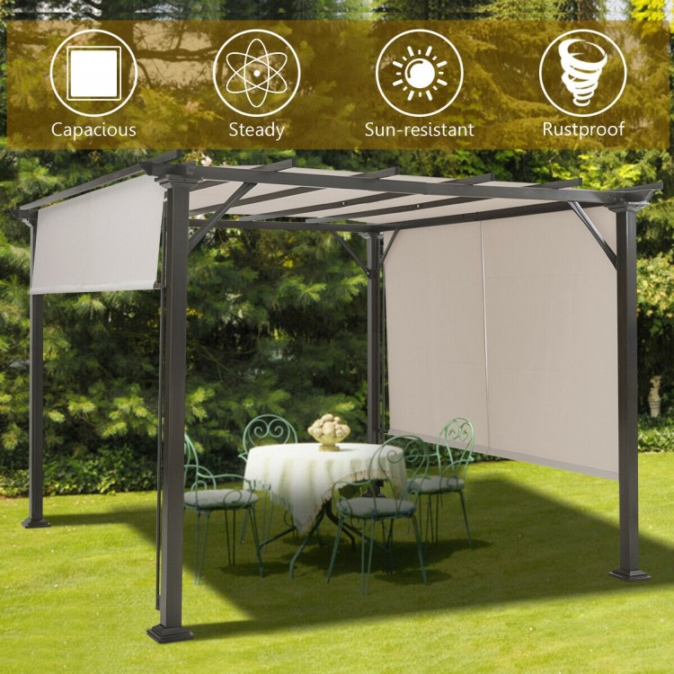 Metal frame patio gazebo with beige polyester canopy, rustproof design, ideal for outdoor gatherings and shading.