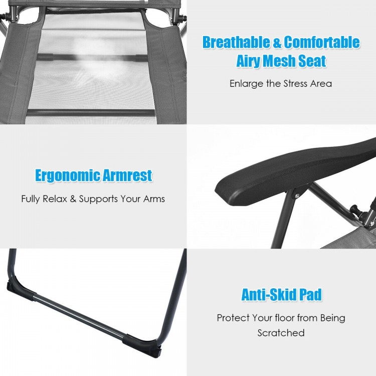 Adjustable reclining folding chair with breathable mesh seat, ergonomic armrest, and anti-skid pad for outdoor comfort.