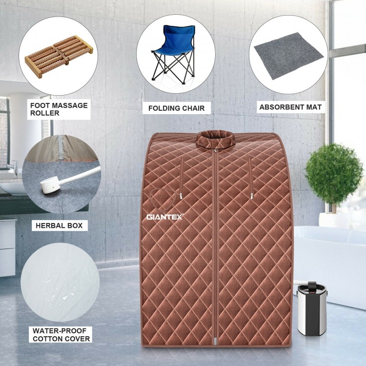Portable personal steam sauna tent in coffee color with waterproof fabric, includes folding chair and herbal box for.