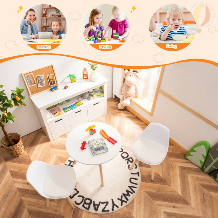 Modern kids activity play table with two white chairs, featuring beech legs, ideal for learning, playing, and eating.