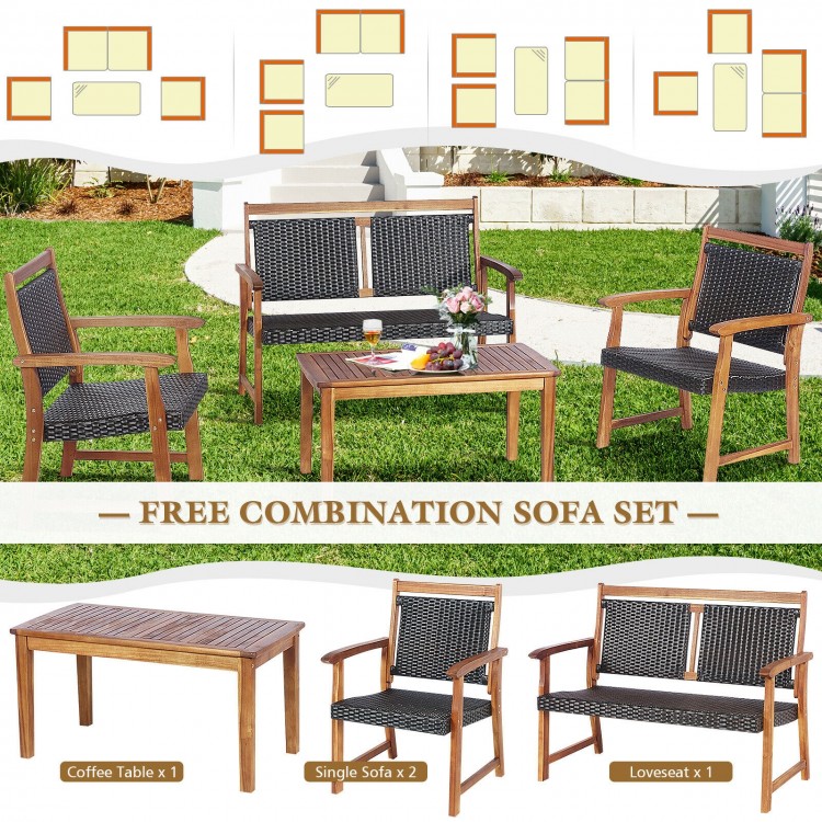 4-piece outdoor patio rattan sofa set with acacia wood frame, ideal for garden relaxation and versatile arrangement.