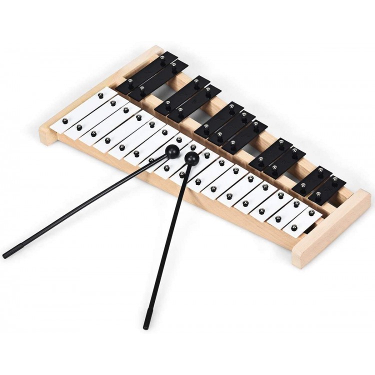 Close-up of the 27-note glockenspiel xylophone's aluminum keys and wooden frame, perfect for developing musical skills.