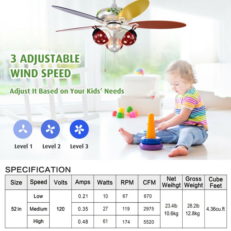 52 Inch Kids Ceiling Fan with Pull Chain Control - Costway