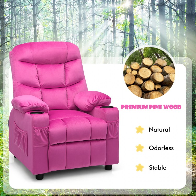 Kids recliner chair in pink with cup holders and footrest, made of premium velvet and solid wood for comfort and.