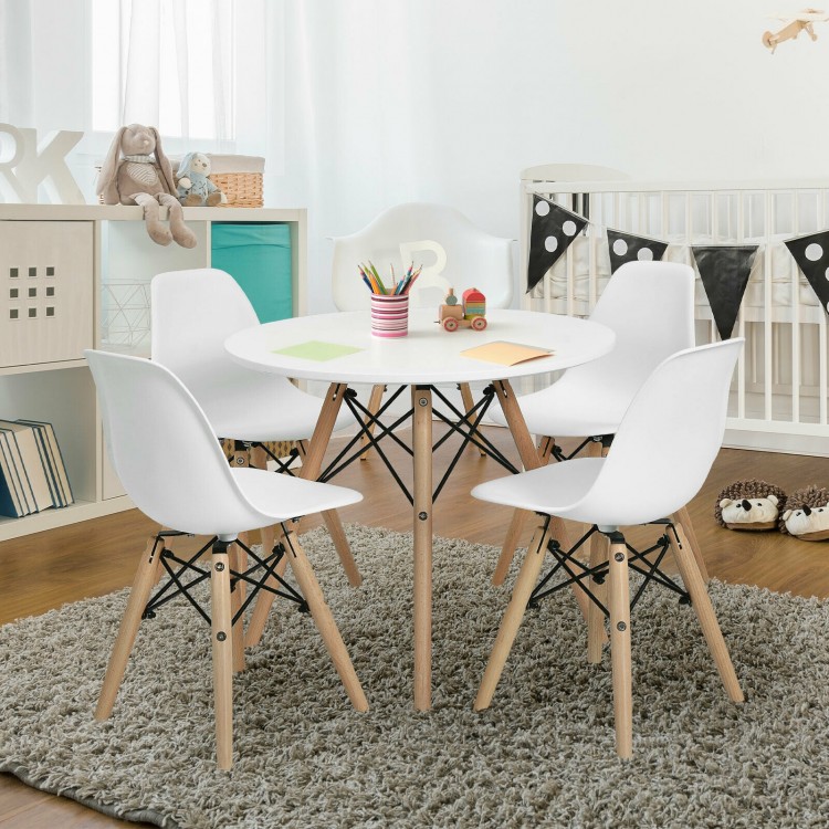 Mini-sized white DSW dining chair set with wood legs, ideal for kids' playroom or nursery activities.
