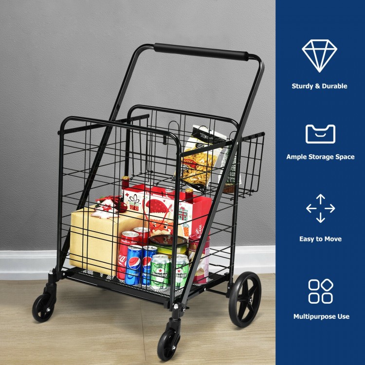 Heavy duty folding utility shopping cart in black with spacious baskets, 330 lbs capacity, and easy maneuverability.