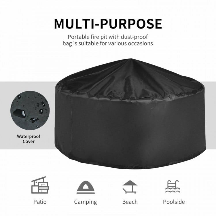Outdoor fire pit with waterproof cover, suitable for patio, camping, or poolside use, featuring high-temp resistance.