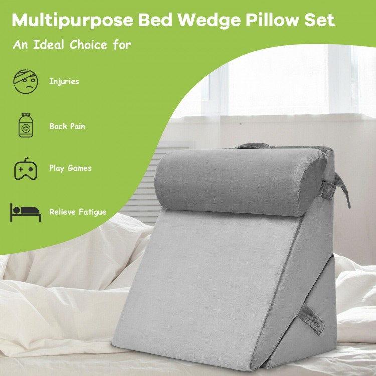 Adjustable gray wedge pillow set with removable cover, designed for back support while reading or lounging comfortably.