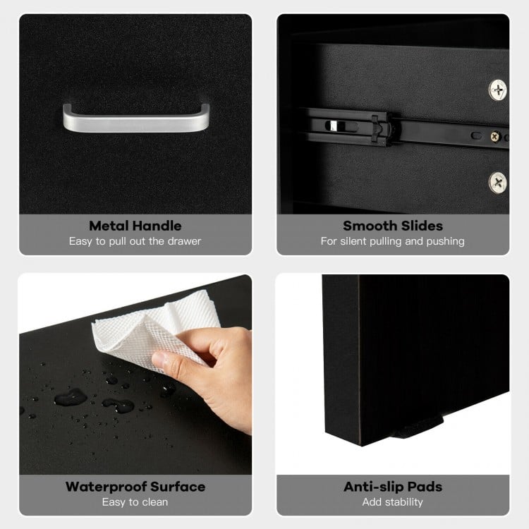 Close-up of the black nightstand's waterproof surface and metal handle, featuring smooth drawer slides for easy access.