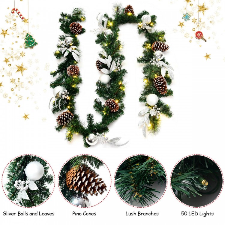 9 feet pre-lit artificial Christmas garland with 50 LED lights, pine cones, and silver ornaments for festive decoration.