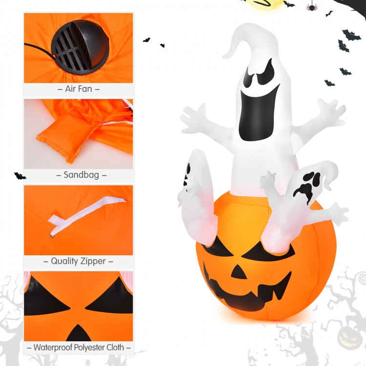 6-foot inflatable pumpkin decoration with ghosts, LED light, waterproof polyester, ideal for Halloween yard displays.