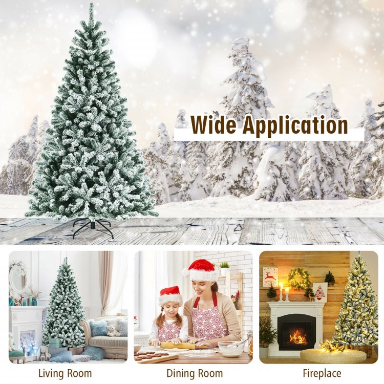 7-foot pre-lit snow flocked Christmas tree with 1116 tips and metal stand, perfect for festive living room decor.