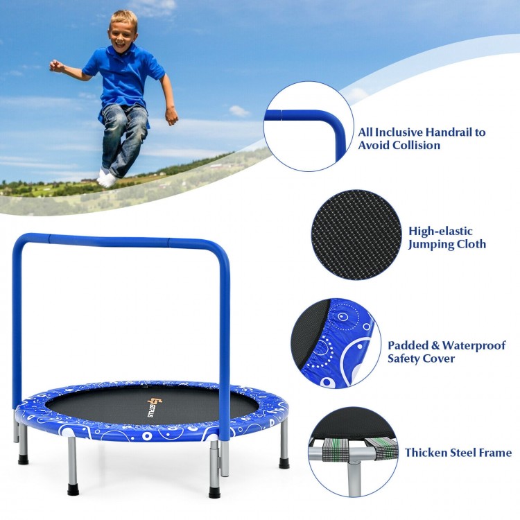 36-inch kids trampoline with blue padded safety cover and full handrail, designed for indoor and outdoor use.