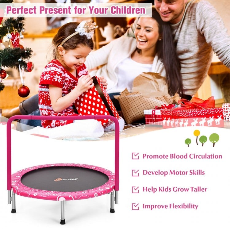 36-inch pink kids trampoline with full covered handrail, designed for safety and promoting bone growth, ideal for.