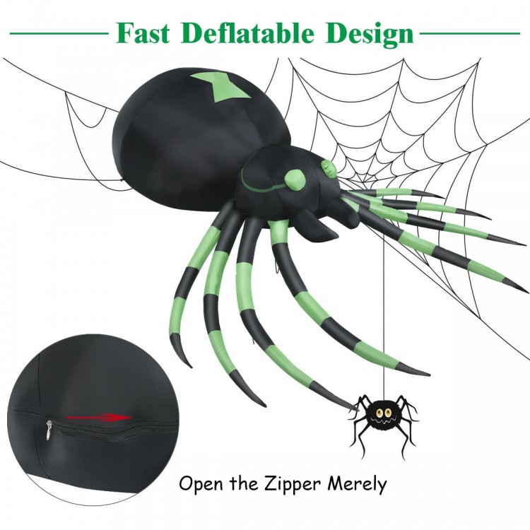 6 feet Halloween inflatable blow-up spider with green accents, made of durable polyester for outdoor decoration.