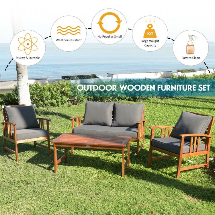 4-piece wooden patio furniture set with gray cushions, perfect for outdoor relaxation by the poolside or garden.