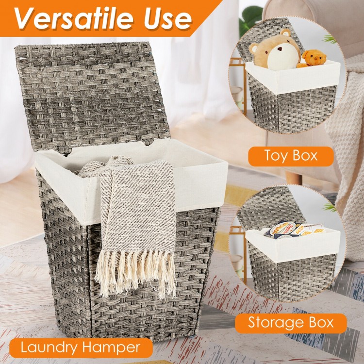 Handwoven gray laundry hamper with removable liner and flip lid, perfect for storing clothes in bathrooms or laundry.