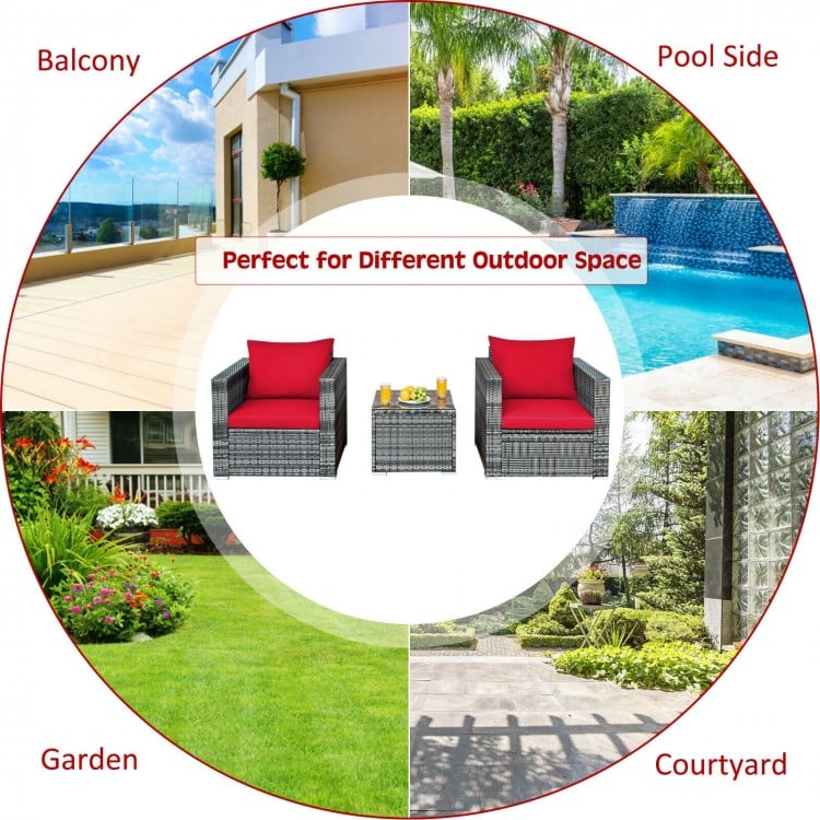 3-piece patio rattan furniture set with red cushioned sofas and glass-top table, ideal for outdoor relaxation.