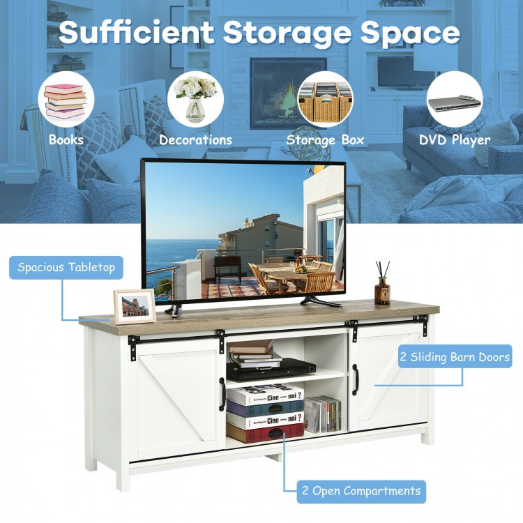 TV stand media center console cabinet in white with sliding barn doors, featuring ample storage and a spacious tabletop.