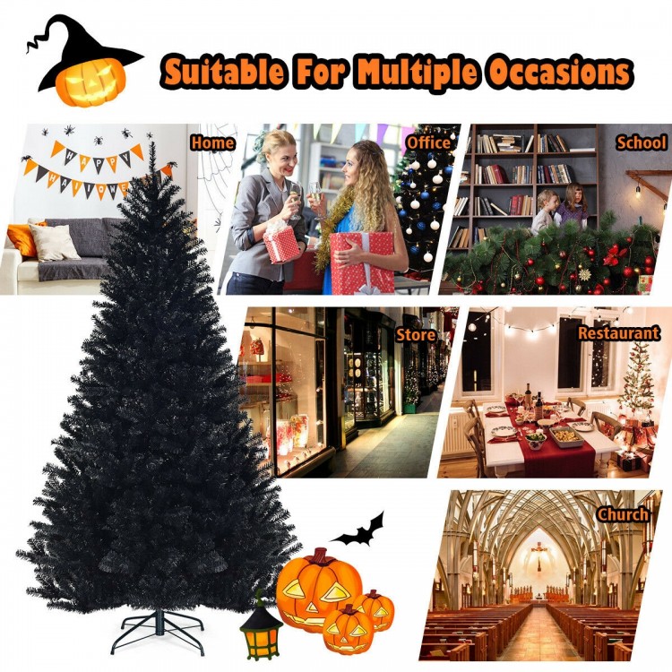 7.5 feet hinged black artificial Christmas tree with 1258 branch tips, perfect for indoor and outdoor holiday decor.