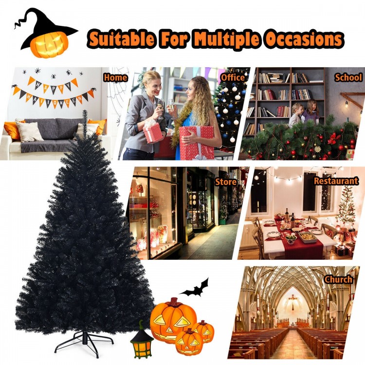 6 feet hinged black artificial Christmas tree with 1036 branch tips, perfect for indoor and outdoor holiday decoration.