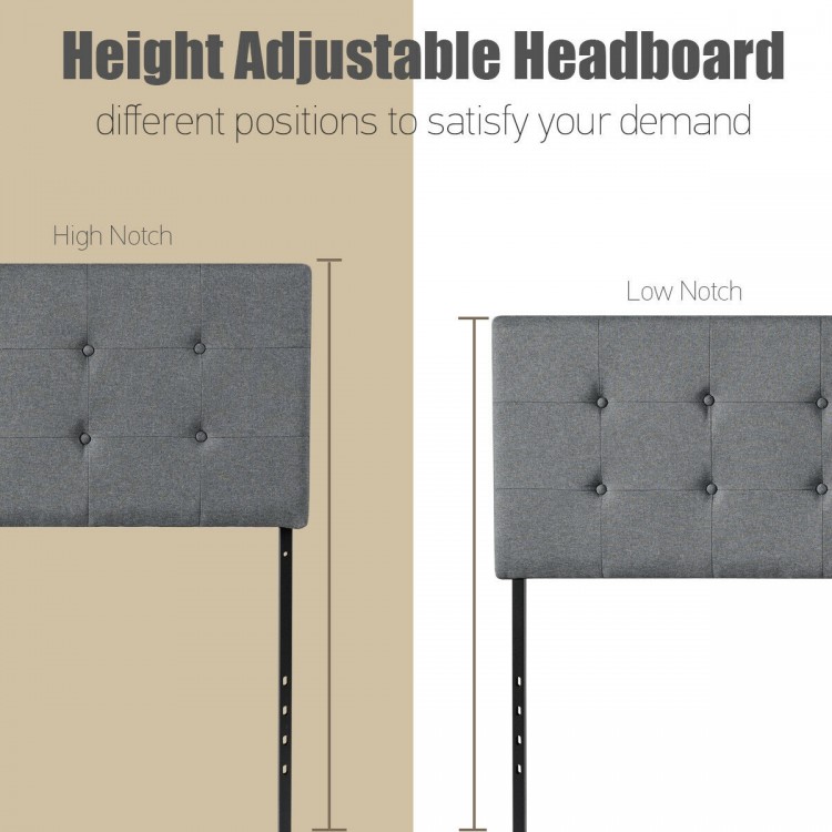 Adjustable tufted gray linen fabric headboard with two steel legs for queen and full size beds, showcasing height.
