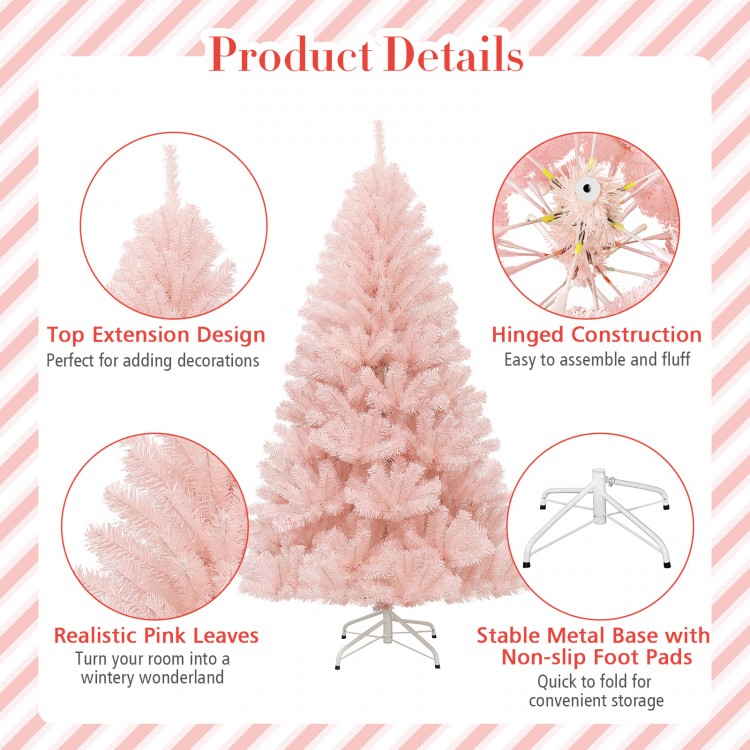 6ft pink artificial Christmas tree with hinged construction and stable metal stand, perfect for festive home decoration.