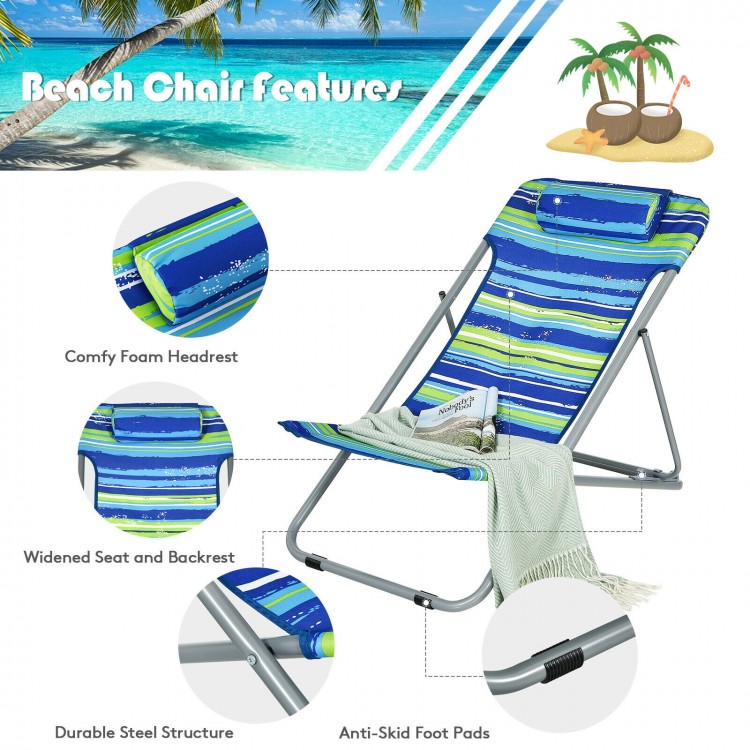 Portable beach chair set of 2 in blue with adjustable backrest, comfy headrest, and durable steel structure for outdoor.