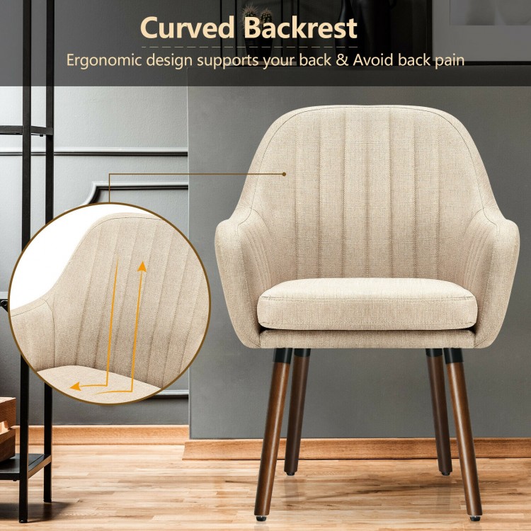 Beige fabric accent chair with curved backrest and wooden legs, designed for comfort and style in any living space.