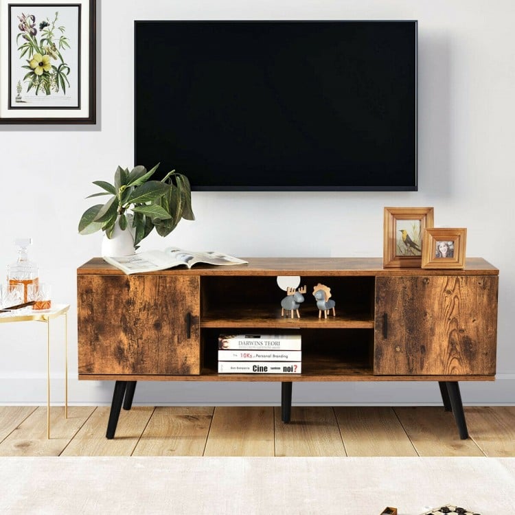 Rustic brown industrial TV stand featuring side storage cabinets and a spacious tabletop, perfect for organizing your.