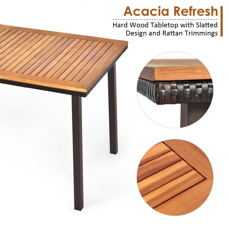 Acacia wood dining table with slatted design and wicker trim, ideal for outdoor patio gatherings, seats 6-8 people.