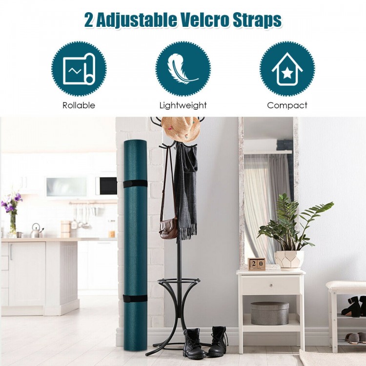 Navy workout yoga mat with double-sided anti-skid design and adjustable Velcro straps for easy storage and transport.